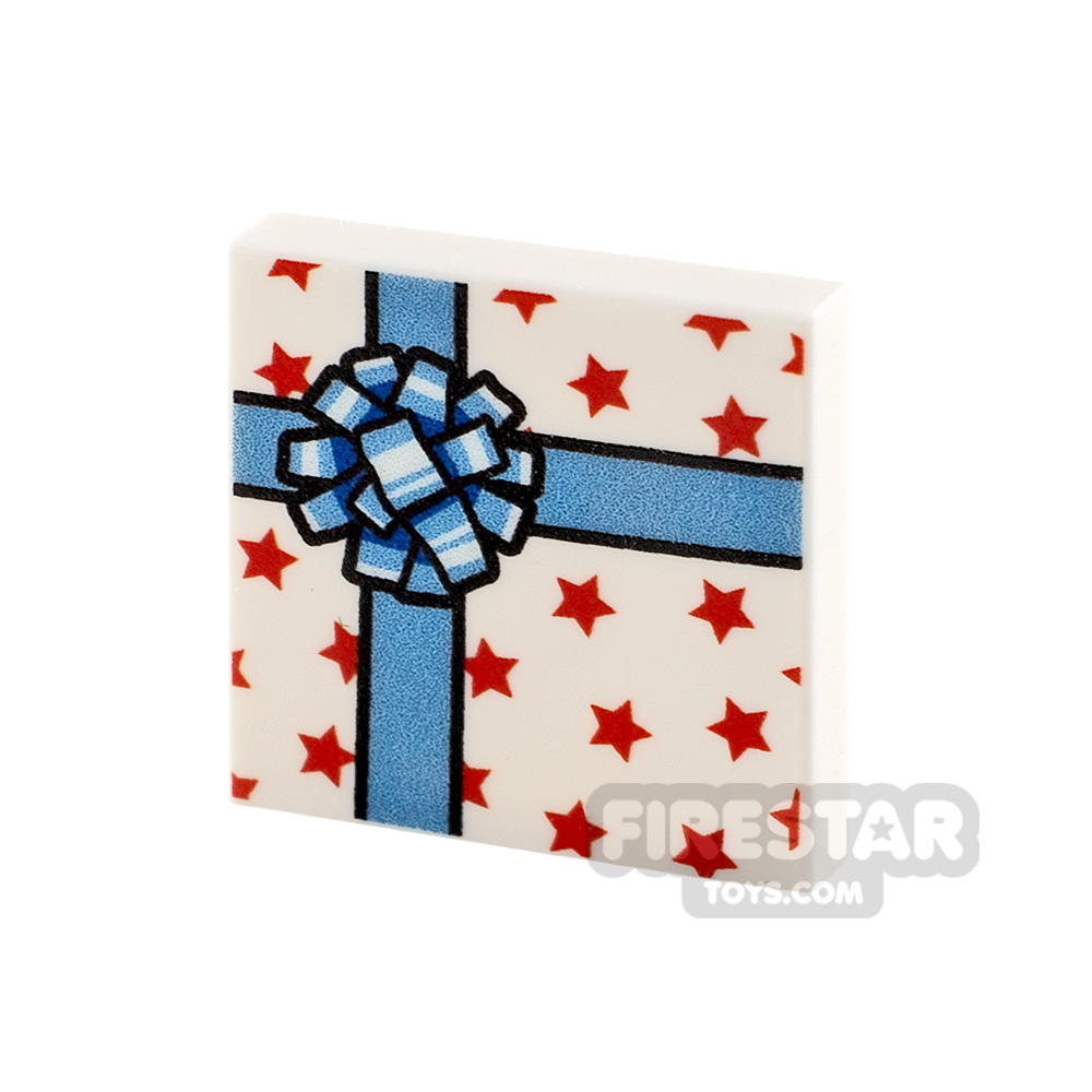 Custom printed Tile 2x2 White Present with Blue RibbonWHITE