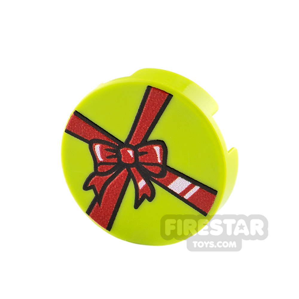 Custom printed Round Tile 2x2 Lime Present with Red RibbonLIME