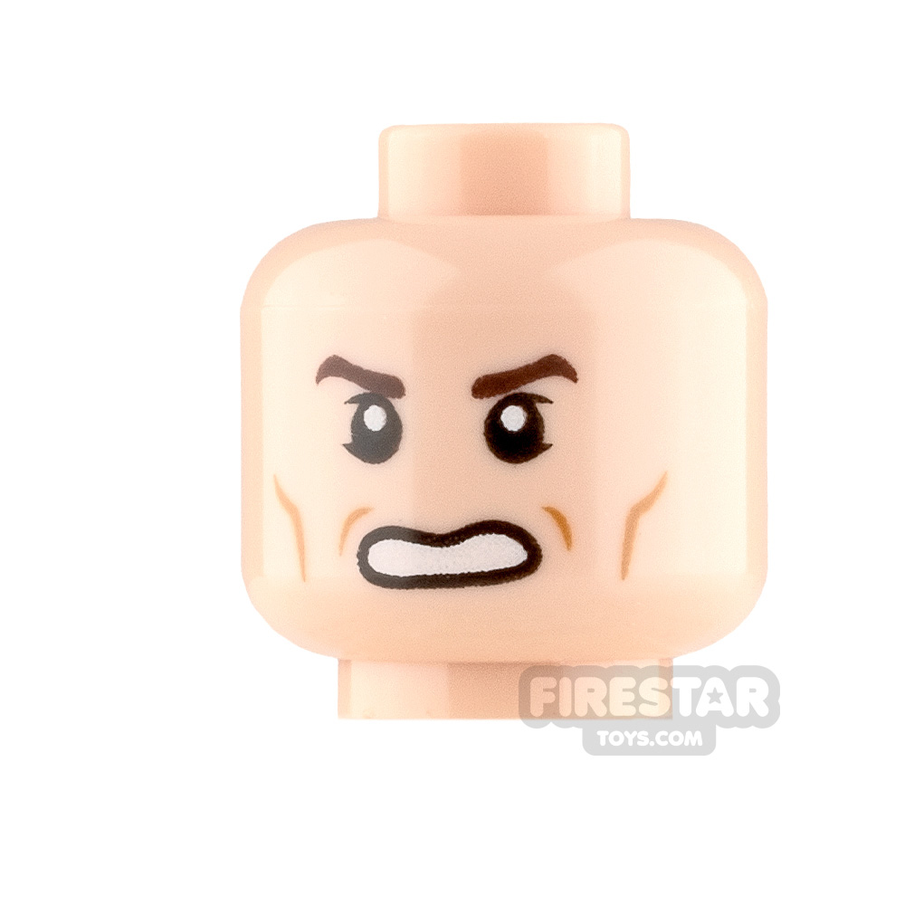 LEGO Minifigure Light Flesh HEAD Male Black Eyebrows Frown Headset Cheek Lines 