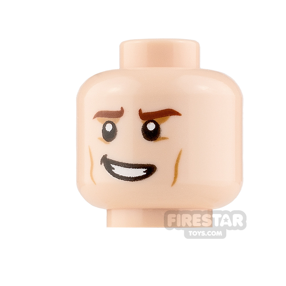Lego New Light Flesh Minifigure Head Reddish Brown Low Eyebrows Lopsided Grin 