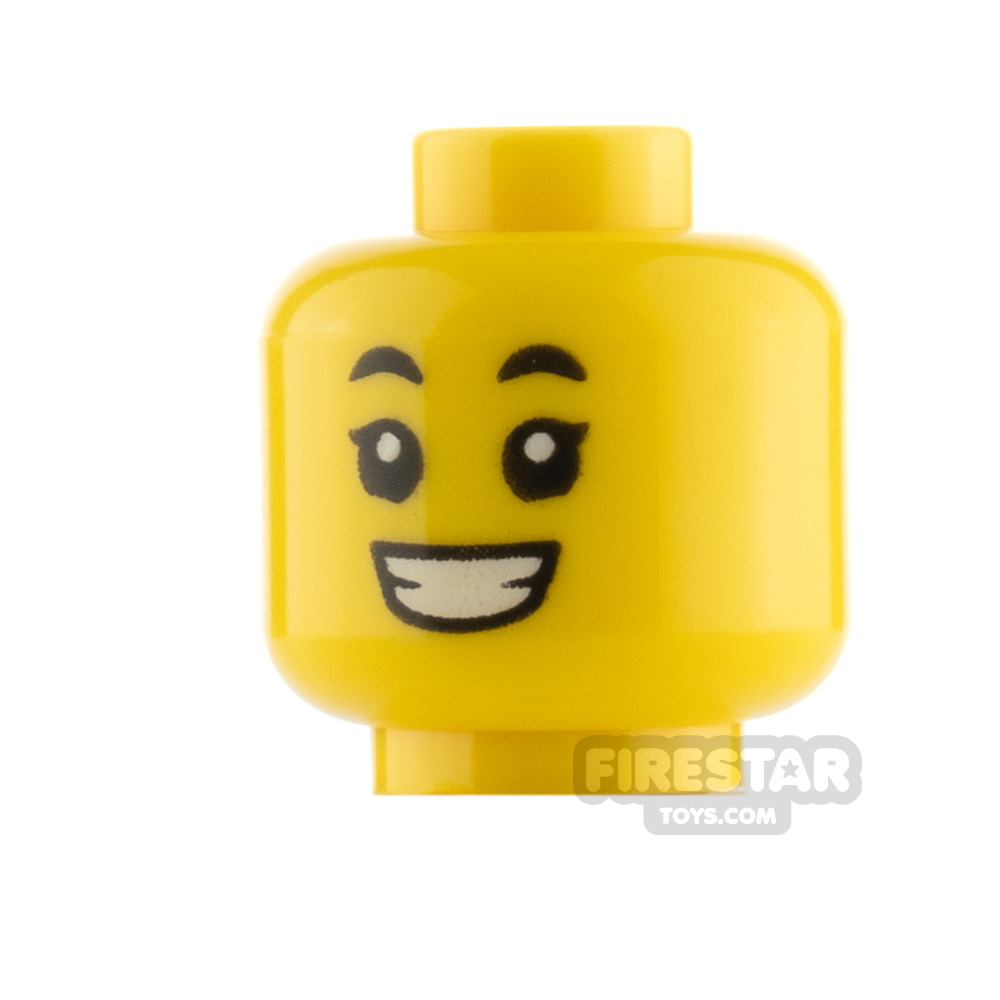 Lego Yellow Minifig Head Dual Sided Black Eyebrows Wide Open Smile Teeth Tongue 