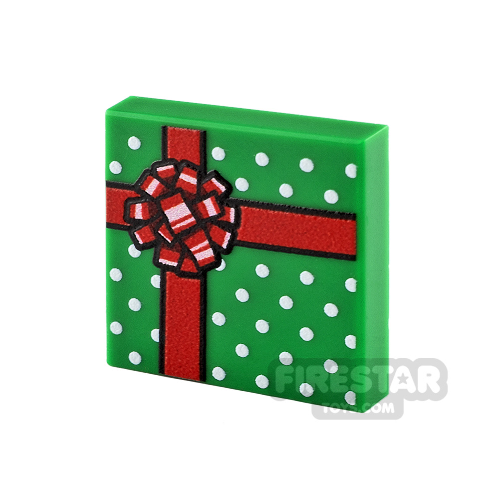 Custom printed Tile 2x2 Green Present with Red Ribbon GREEN