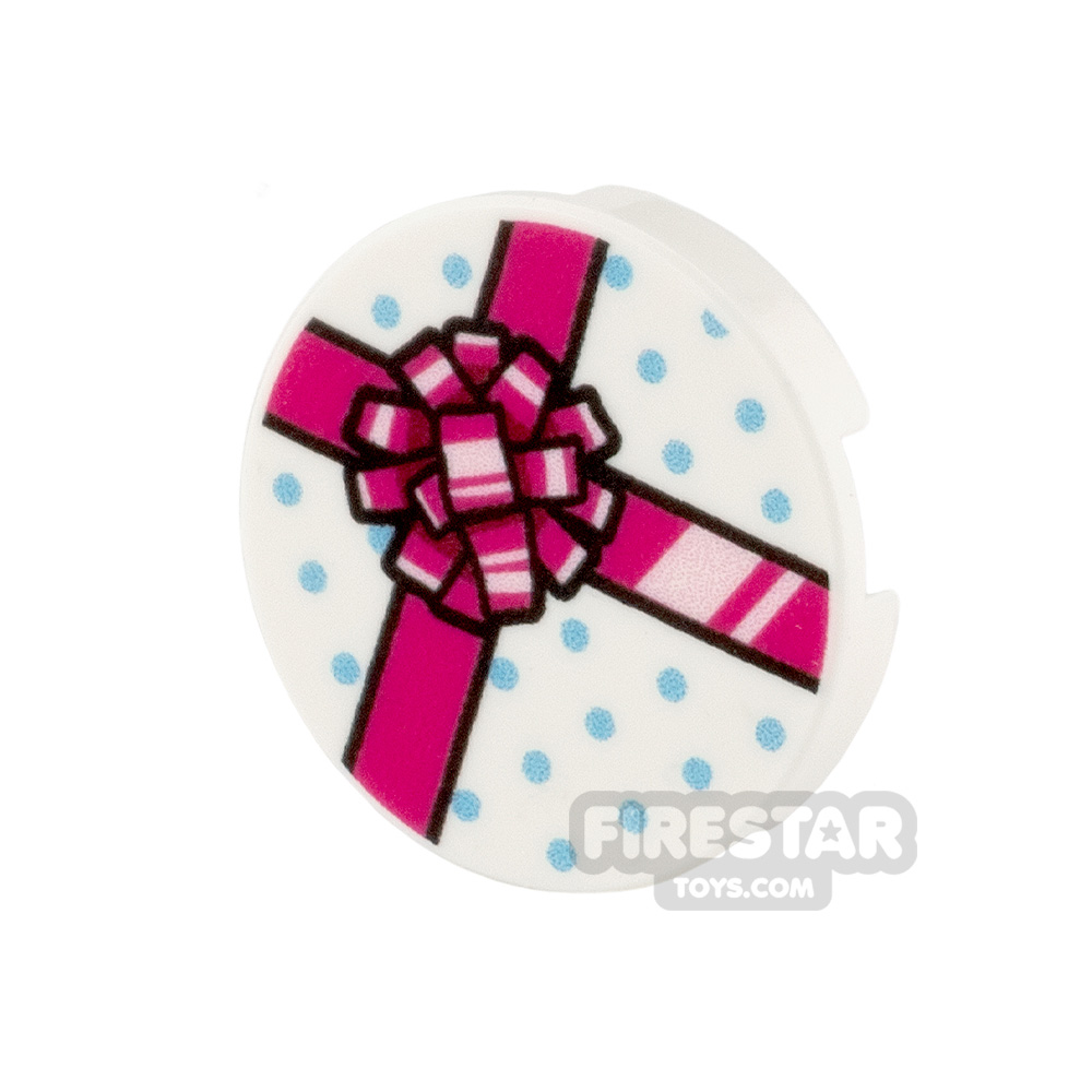 Printed Round Tile 2x2 White Present with Pink Ribbon
