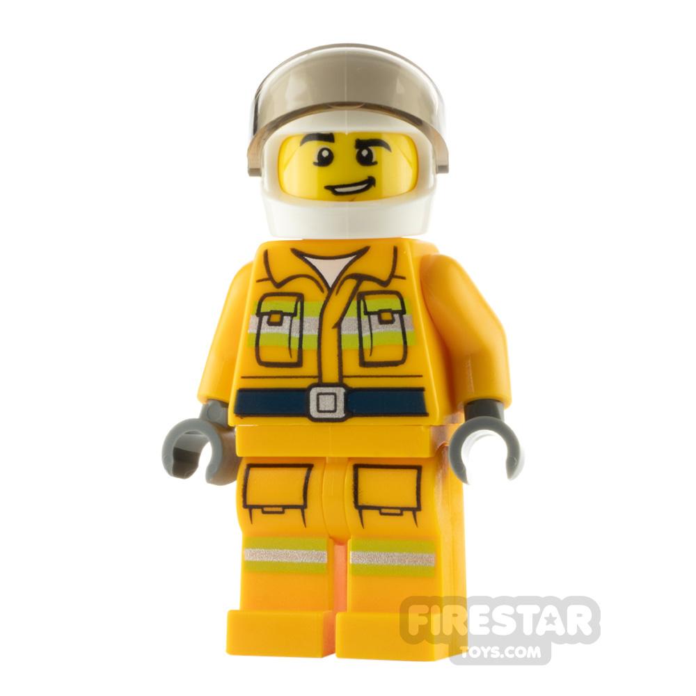 LEGO City Minfigure Firefighter Bright Orange Suit and Crooked Grin 
