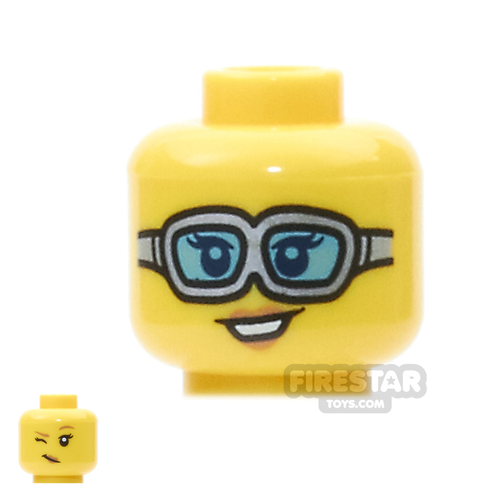 LEGO Mini Figure Heads - Silver and Blue Goggles / Wink YELLOW