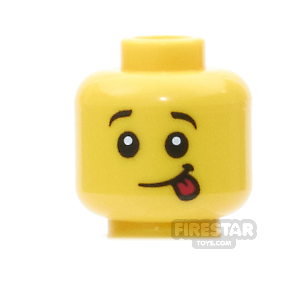LEGO Mini Figure Heads -  Lopsided Smile with Red Sticking Out Tongue YELLOW