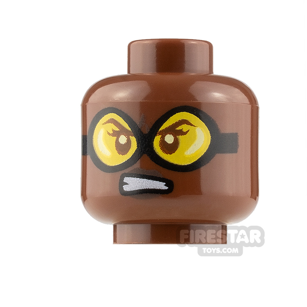 LEGO Minifigure Heads Yellow Goggles Grin and Scowl REDDISH BROWN