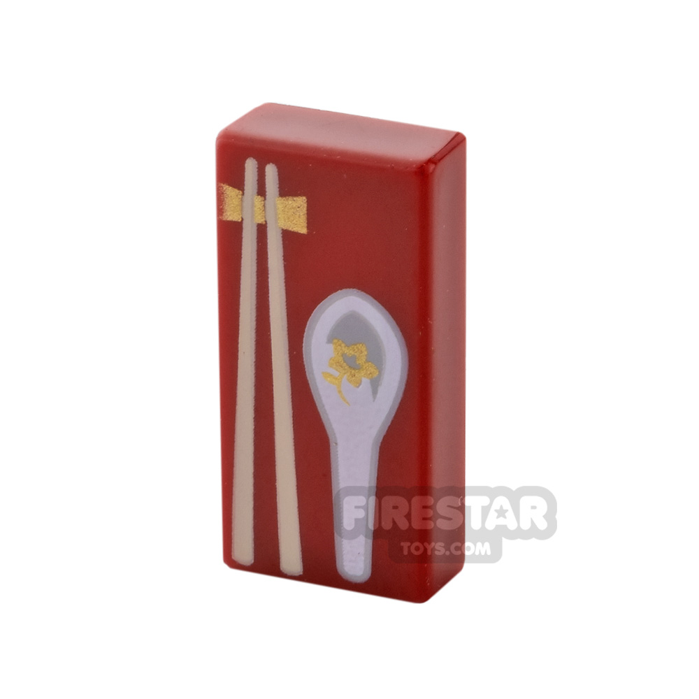 Printed Tile 1x2 Soup Spoon and Chopsticks DARK RED