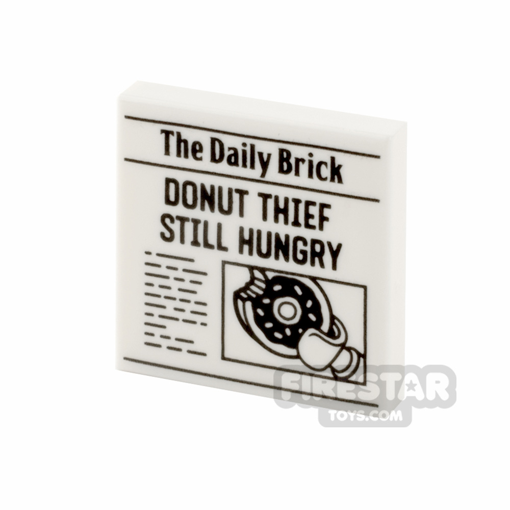 Printed Tile 2x2 The Daily Brick Newspaper Donut Thief WHITE