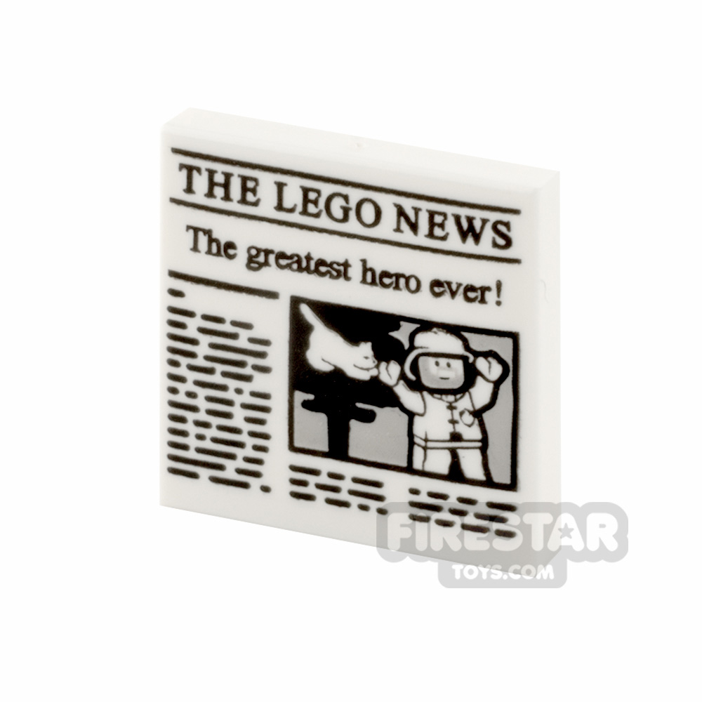 Printed Tile 2x2 The LEGO News Newspaper Greatest Hero WHITE