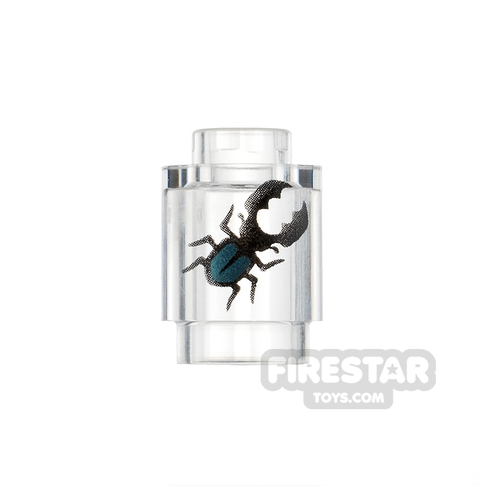 Printed Round Brick 1x1 Blue Stag Beetle TRANS CLEAR