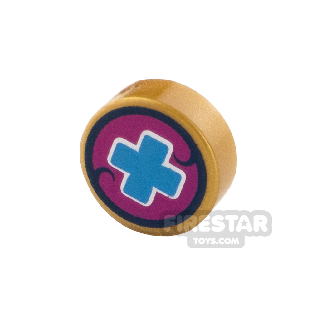 Printed Round Tile 1x1 Medical Cross PEARL GOLD
