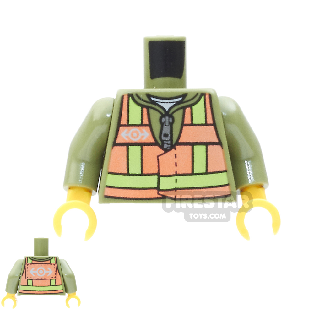 LEGO Mini Figure Torso - Safety Vest with Train Logo Pattern OLIVE GREEN
