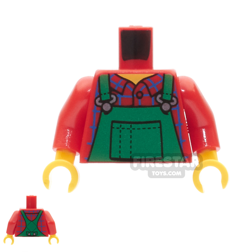 LEGO Mini Figure Torso -  Green Overalls And Blue Windowpane Check Shirt RED