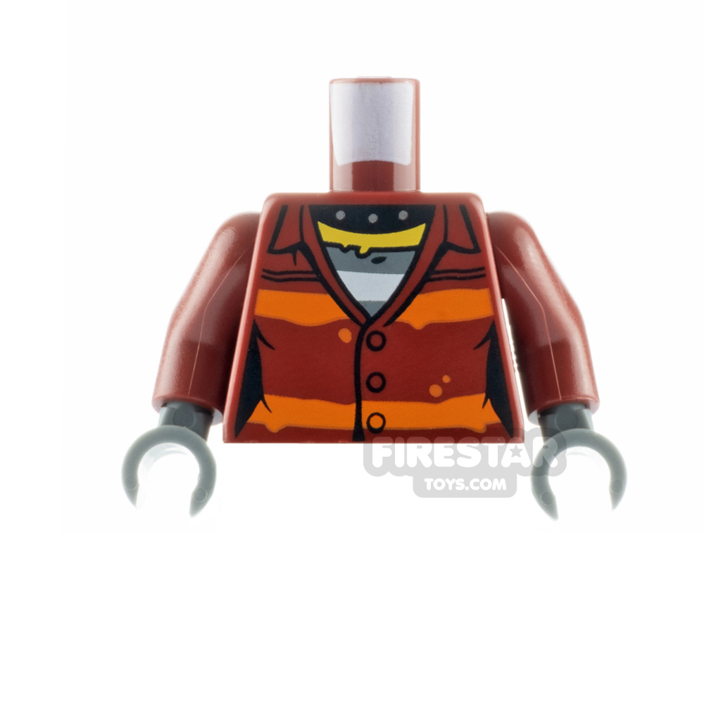 LEGO Minifigure Torso Female Jacket with Orange Stripes over Prison Striped Undershirt DARK RED