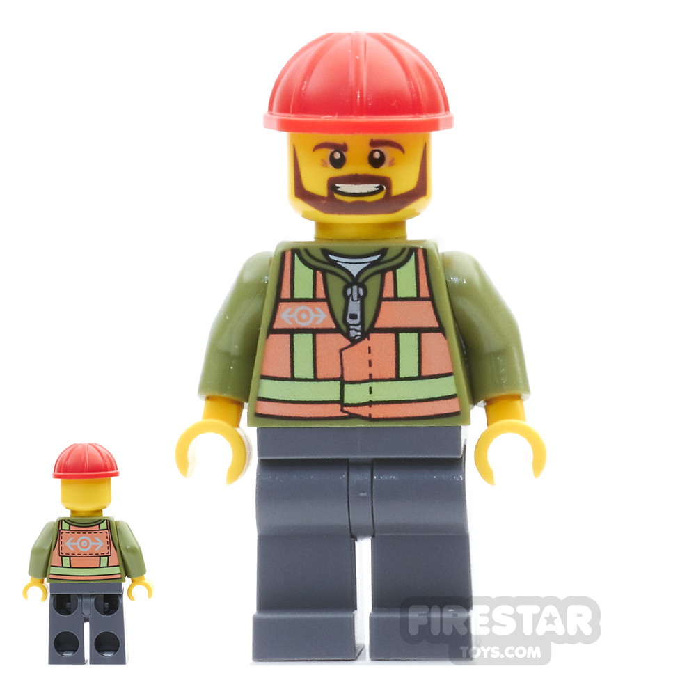 LEGO City Mini Figure - Light Orange Safety Vest - Brown Beard 