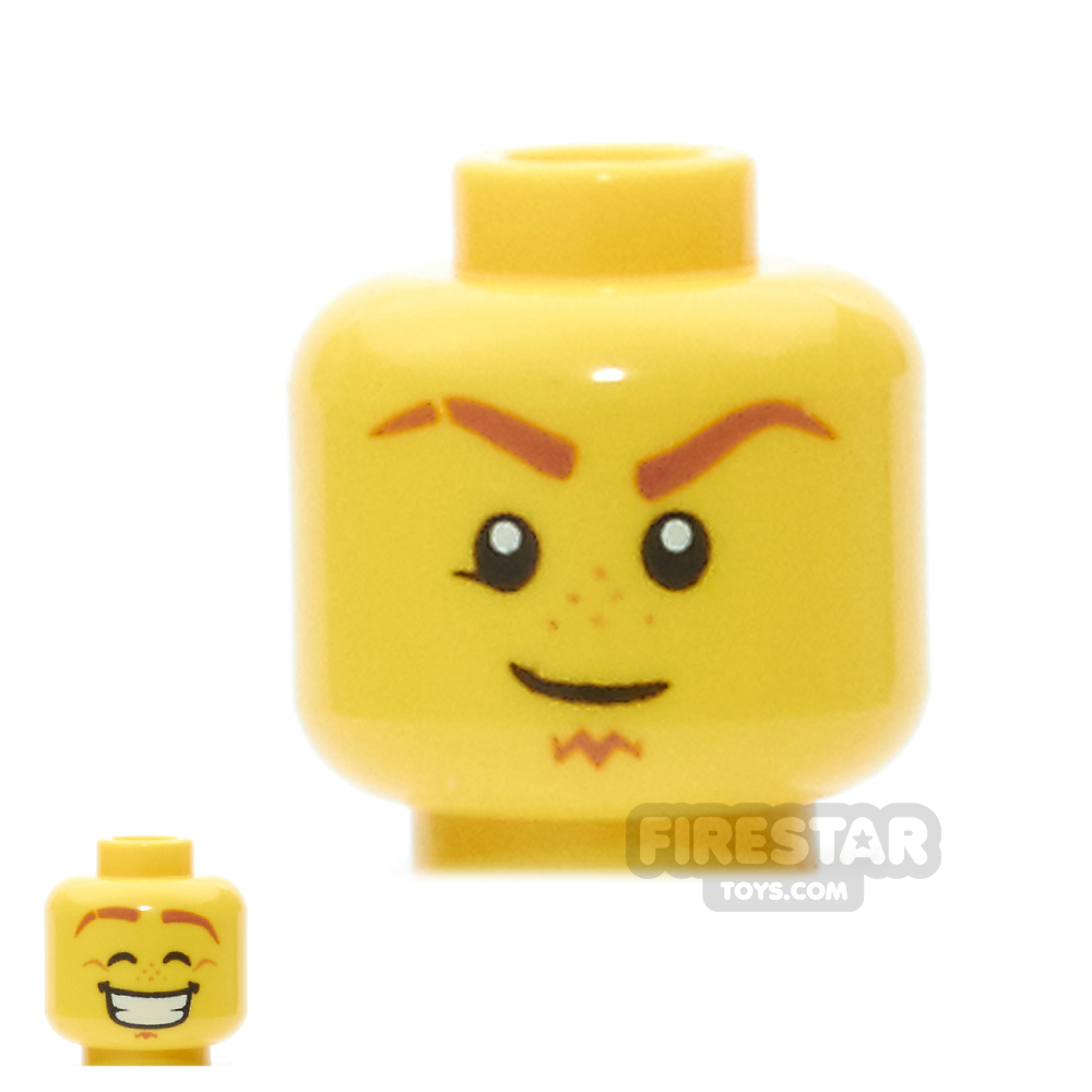 LEGO Mini Figure Heads -  Goatee, Freckles, Determined / Smile with Teeth, Eyes Closed